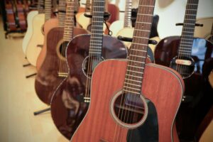 A collection of acoustic guitars beautifully displayed in a music store setting.